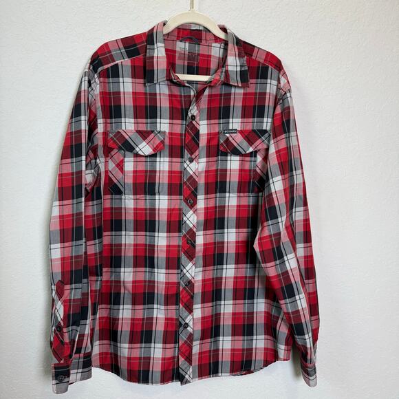 Men's Columbia Red White Black Plaid Button Down Long Sleeve Size L - Picture 2 of 8